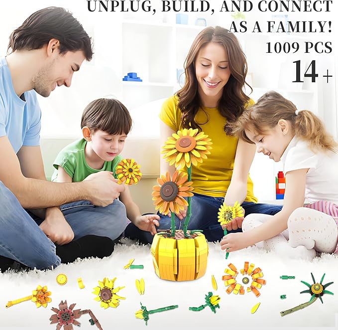Flowers Building Sets for Adults Van Gogh Prints Art Botanical Collection Sunflowers Pot Bouquet Plants Kits Compatible with Lego Flowers Easter Flores Home Decor for Woman Girls 14+