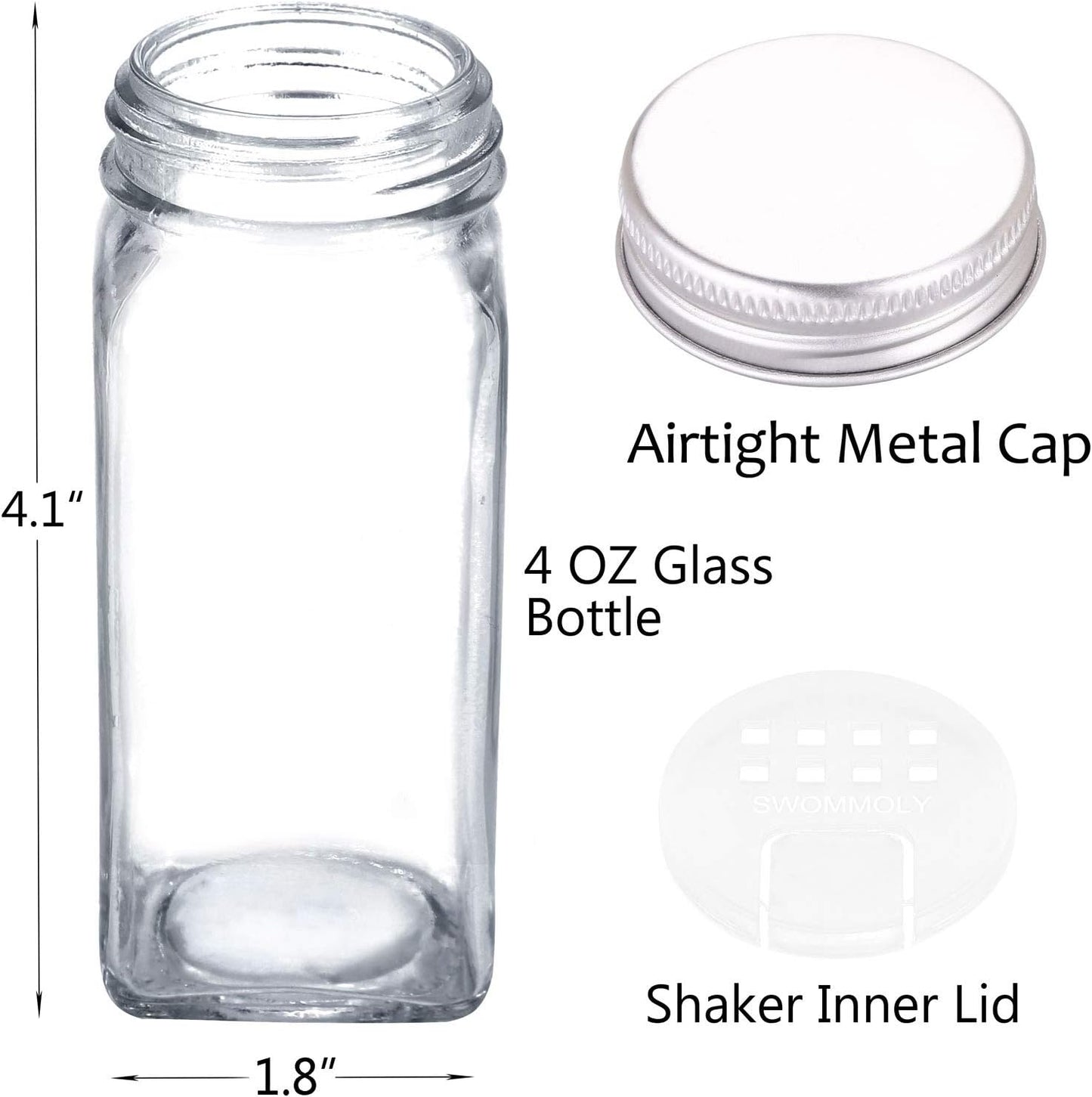 SWOMMOLY 48 Glass Spice Jars with 713 Spice Labels, Chalk Marker and Funnel Complete Set. 48 Square Glass Jars 4OZ, Airtight Cap, Pour/sift Shaker Lid