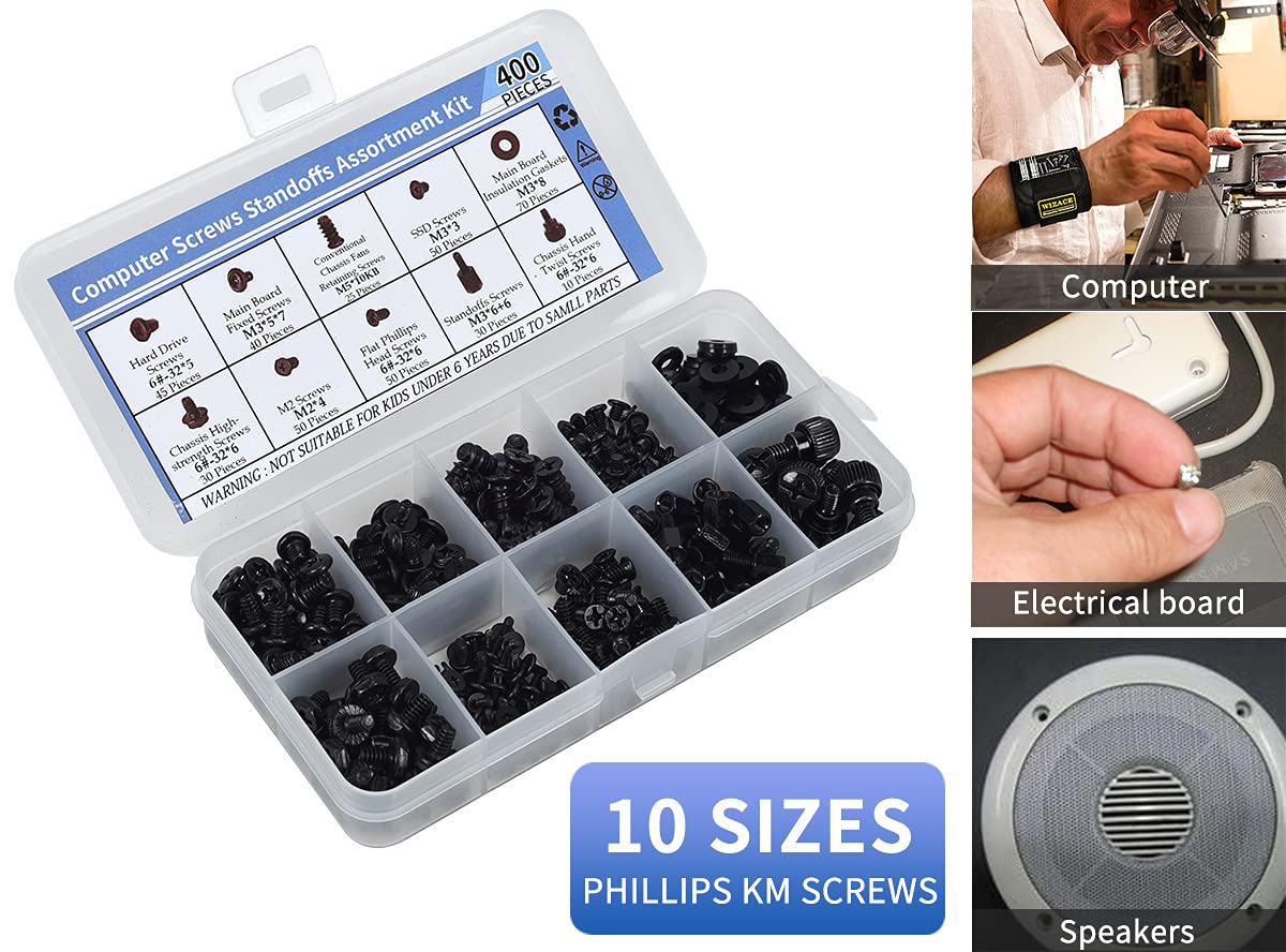 400PCS Computer Screws Motherboard Standoffs Assortment Kit for Universal Motherboard, HDD, SSD, Hard Drive,Fan, Power Supply, Graphics, PC Case for DIY & Repair