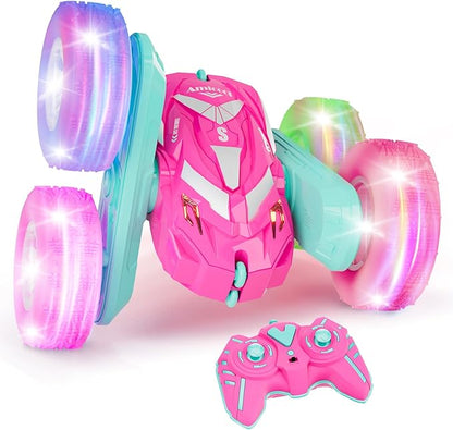 Remote Control Car for Girls 6-12 with Flashing Light Toys 6 7 8 9 Years Old Girl Birthday Gifts Idea RC Cars Stunt 4WD 2.4Ghz Double Sided 360° Flip Present for Kids Christmas Pink