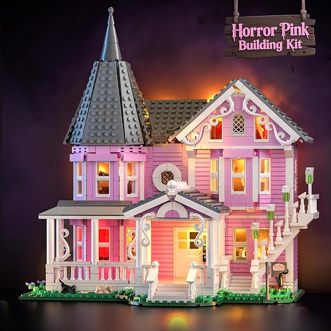 Pink Palace House Building Set with Lights 1349PCS Halloween Haunted House Blocks Compatible with Lego Christmas Birthday Gifts for Kids Adults Aged 8+