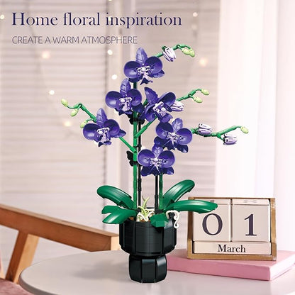 Purple Orchid Flower Building Blocks Set – 666 PCS DIY Artificial Flower Kit for Elegant Home Decor Table Display Compatible with Lego Flowers Artistic Gift for Ages 6+