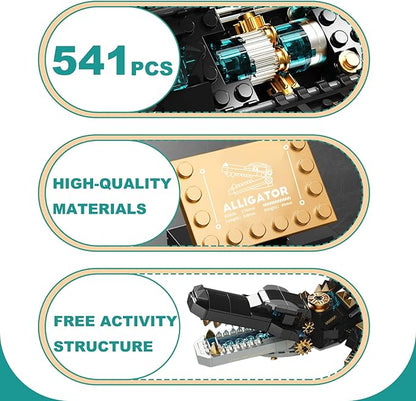 Mechanical Alligator Building Set 541 Pieces Steampunk Crocodile Model Kit with Golden Nameplate Articulated Swamp Beast Construction Toy Cyberpunk Bio-Animal Decor Gift for Adults Teens