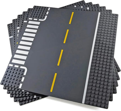 Apostrophe Games Road Baseplate – Premium Building Blocks Base Plates Compatible with All Major Brands – 6pcs Baseplate Gray with Road Design – Straight Curve Crossroad T-Junction