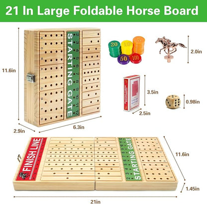 FUNNYB&ampG 21 inches Horse Race Board Game Foldable Large Horse Racing Game for Adults with 11 Metal Horses Solid Wood 60 Pcs Poker Chips 2 Dice 1 Pack of Cards for Family Tabletop Parties(Log)