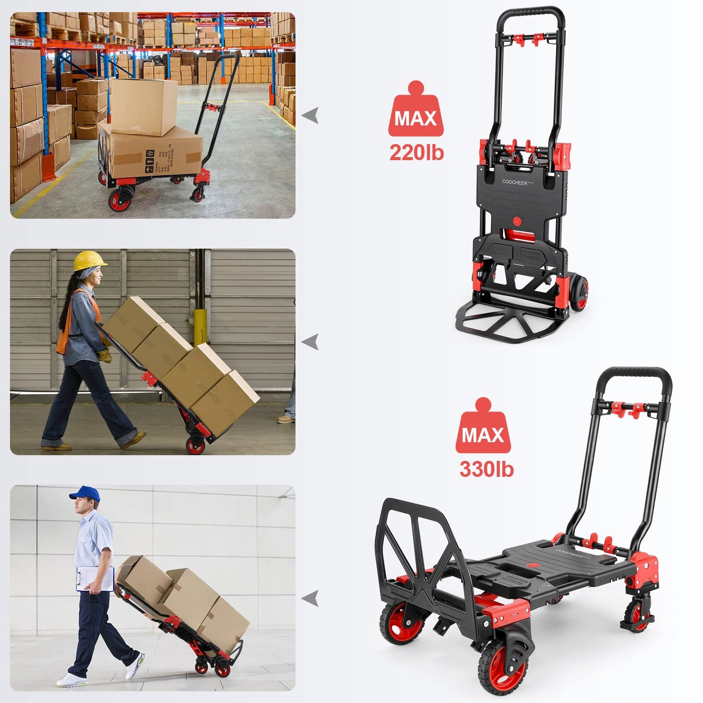330LB Folding Hand Truck Heavy Duty Carrying, Combination of Four Wheels and Two Wheels Convertible Dolly Cart with Retractable Handle Dolly for Moving Office Carts.