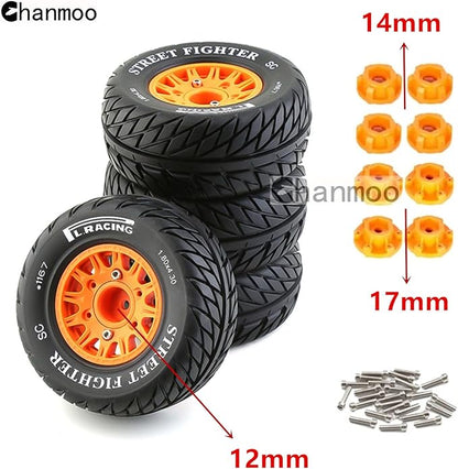 1/10 RC Short Course Truck Tires And Wheels With 12mm 14mm 17mm Hex 113mm 1/8 Rubber Tyres For 1/8 or 1/10 Scale On Road Car HSP Sonic 94102 GT PTG-2 Tamiya TT02 RC Racing Car 4PCS (Orange B)