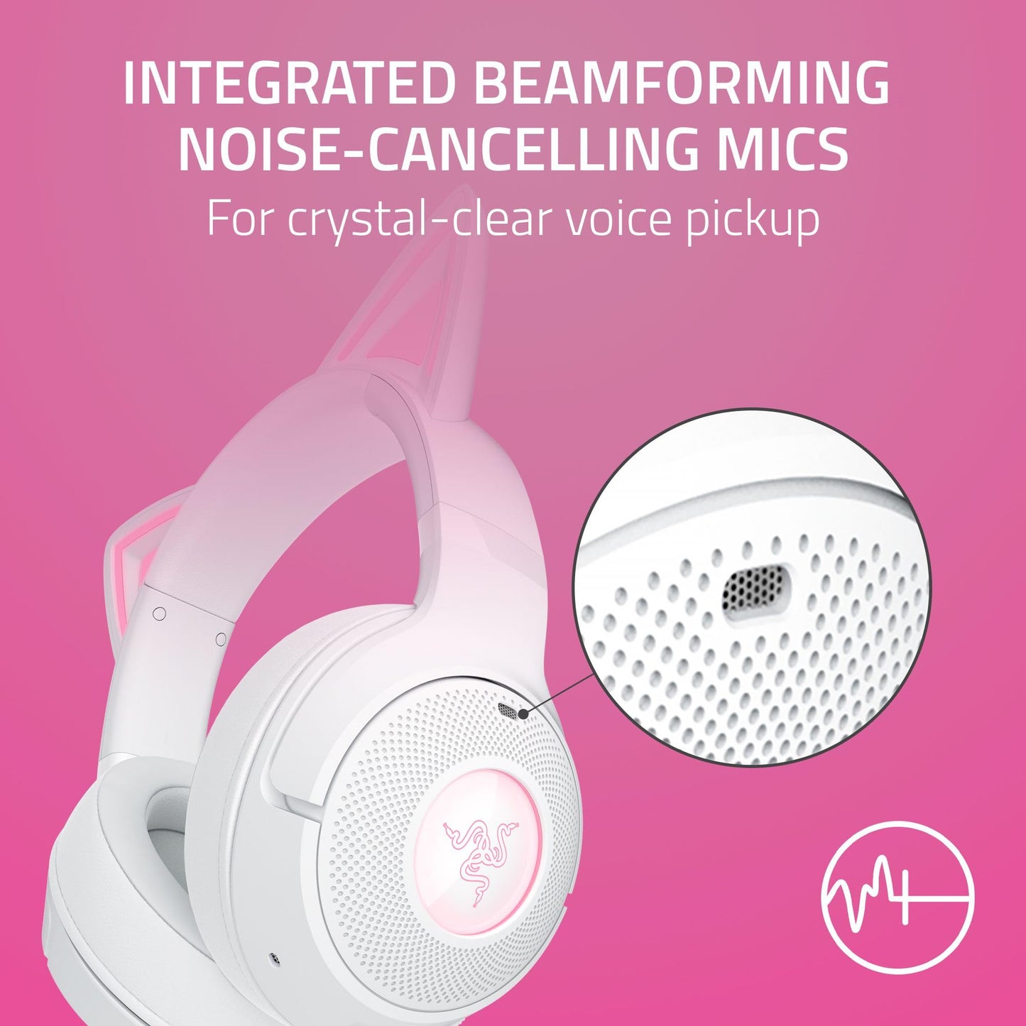 Razer Kraken Kitty V2 BT Wireless RGB Headset: Chroma RGB Kitty Ears & Earcups - Bluetooth 5.2-40 mm Drivers - Noise-Cancelling Mics - Lightweight - 40 Hr Battery w/Type C Charging - White