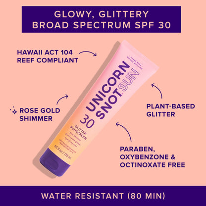 Unicorn Snot Glitter Sunscreen Lotion - SPF 30 Shimmer Sunscreen for Face & Body Glow - UVA/UVB Protection - Water Resistant, Cruelty Free - Made in USA - Rose Gold Shimmer