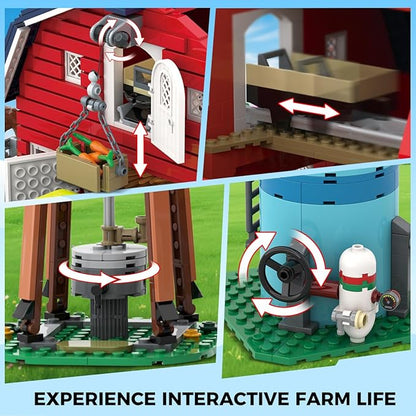 Western Farm Barn House Easter Building Set with Lights Newly Enhanced with Reinforced Structure 1434PCS Red Barn Building Toy with Animals Horse Tractor Windmill for Adults Boys Girls 10+