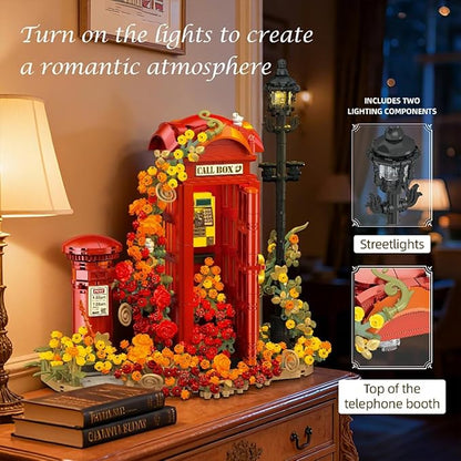 London Retro Red Telephone Booth Architecture Set with LED Lighting Creative Flores Phone Box for The Office and Home Set Adult Collector Decor 1142pcs