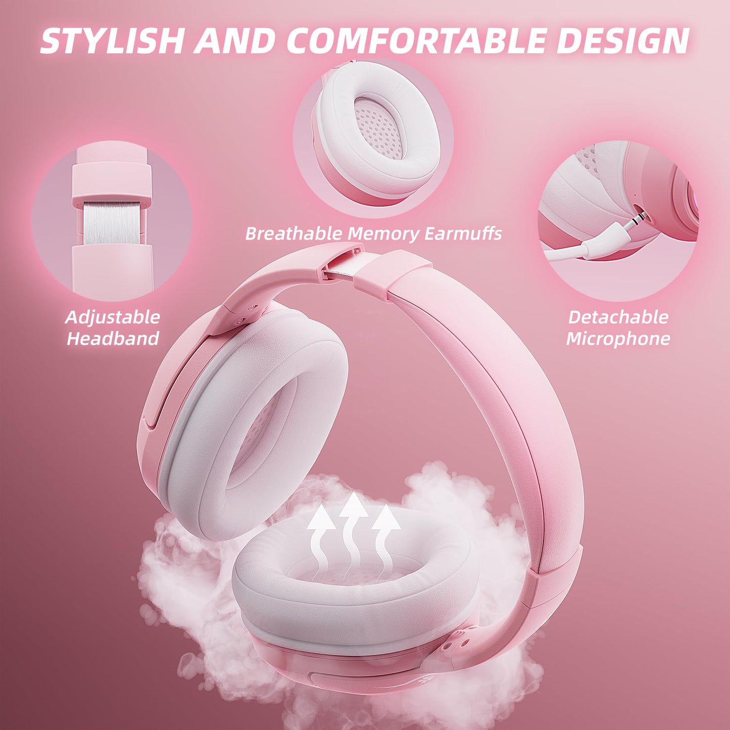 Mytrix Sakura Wireless Gaming Headset for PC, PS4, PS5, Mac, Switch, 50mm Drivers, 2.4GHz & Bluetooth Gaming Headphones with Noise Cancelling Mic, Over Ear Headphones for Xbox with Wired - Pink