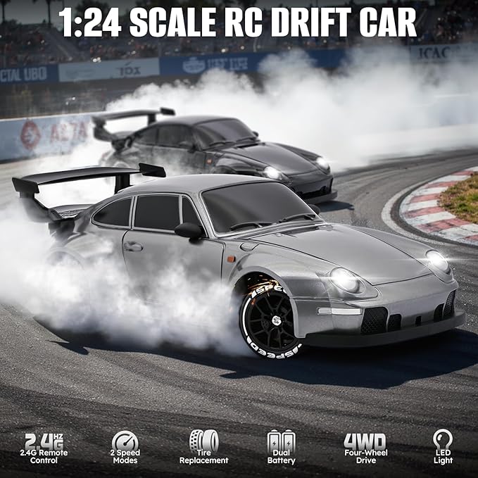 RC Drift Car1:24 Scale Remote Control Car 2.4GHz 20KM/H 4WD High Speed RC Cars for Kids with LED Light Two BatteriesDrifting TiresRacing Vehicle Toy for Adults Boys Girls Silver