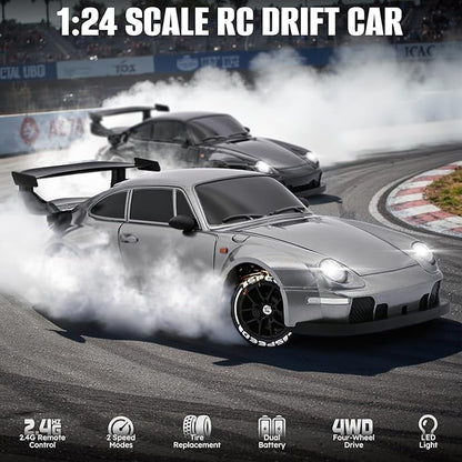 RC Drift Car1:24 Scale Remote Control Car 2.4GHz 20KM/H 4WD High Speed RC Cars for Kids with LED Light Two BatteriesDrifting TiresRacing Vehicle Toy for Adults Boys Girls Silver