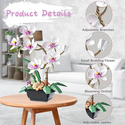 Orchid Flower Building Block Set Orchid Botanical Collection for Home &amp Office Decor Artificial Flowers Plant Gifts for Adults Valentine's Day Mothers Day Birthday 581pcs