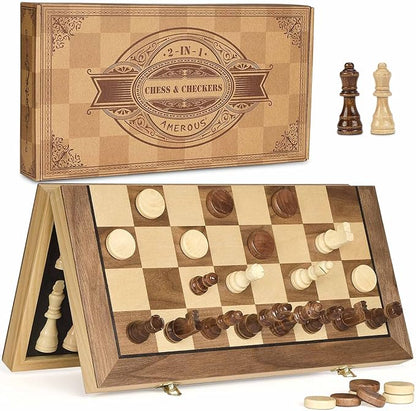 AMEROUS 15'' Magnetic Wooden Chess &amp Checkers Game Set -2 Extra Queens -24 Cherkers Pieces - Chessmen Storage Slots Beginner Chess Set for Kids and Adults Classic 2 in 1 Board Games