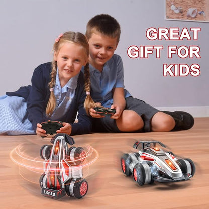 RC Cars 2.4 GHz Fast Stunt RC Car 4WD 360° Rotating RC Trucks with lights and music High Speed Off Road Stunt Truck upright walking cars Remote Control Car Toy for 6-12 Boys and Girls(RED)