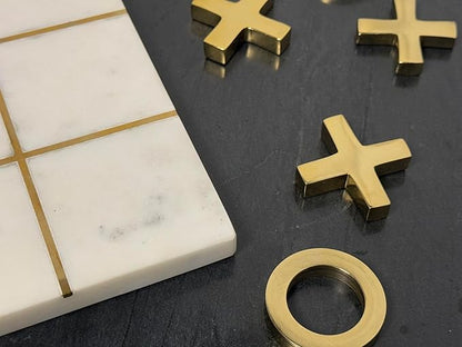 Marble Tic Tac Toe Game 8x8 Premium Handcrafted Natural Marble Board Game Modern Coffee Table and Home Decor Perfect for Living Room Unique Gift Decorative Board Game Set White and Gold XO