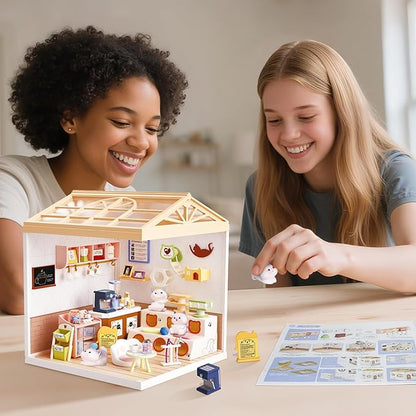DIY Miniature House Kit with LED Lights Whimsical Cat Cafe Miniature Kit with Roof &amp Dust Covers for Teens DIY Coffee Shop with Cats &amp Furniture Creative Christmas Decoration Gift Idea