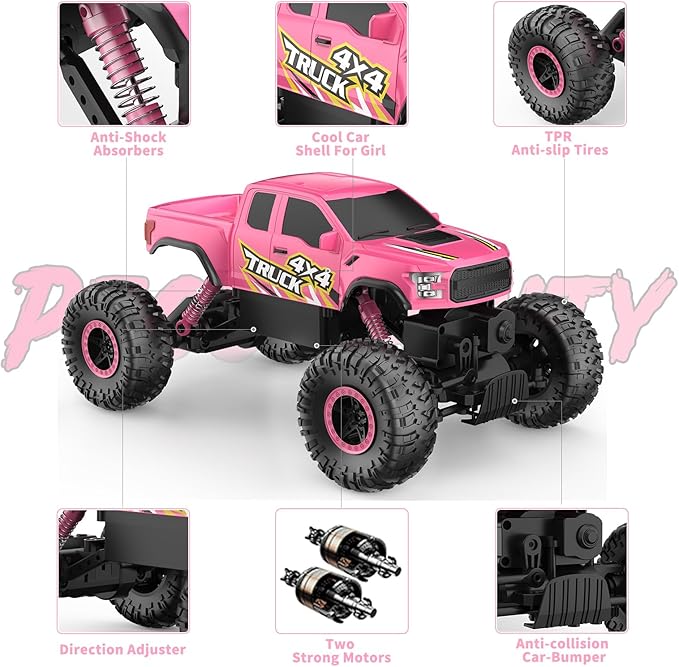 Double E Raptor F150 RC Car 4WD 2 Motors Monster Trucks for Girls 11 Inches Off Road Crawler Vehicle Truck Toy with Rechargeable Battery Gift for Kids 6 7 8 9 10 11 12 Years-Pink