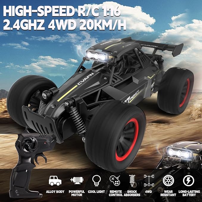 Remote Control Car for Boys 8-12 1:16 Scale Metal Shell RC Monster Truck 25+ KM/H Fast Off Road RC Cars with LED Lights All Terrain Electric Toy Vehicle Birthday Gifts for Kids Boys Girls 6-12