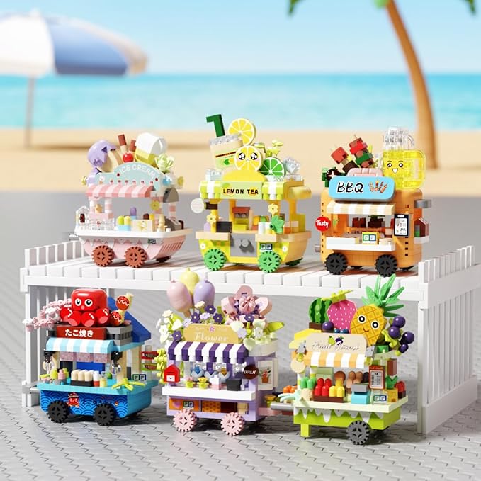 6 Set Food Stand Selling Cart Building Toy Block Set City Street View Collection Home House Decoration