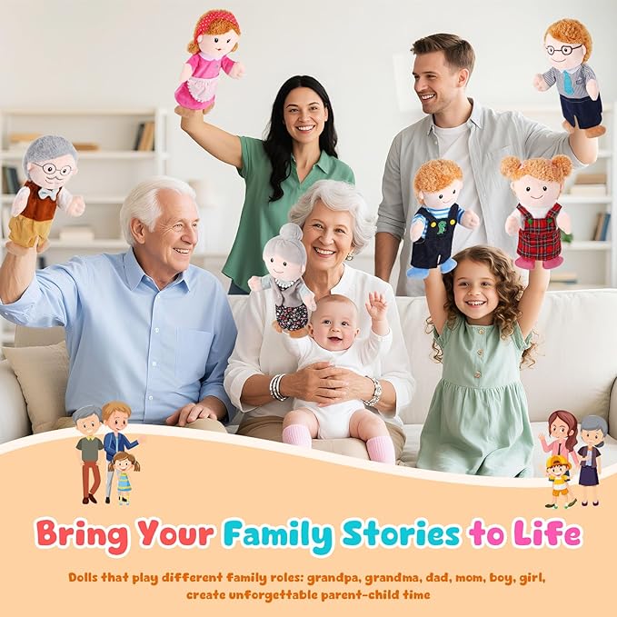 6 Pcs Family Hand Puppets 12 Inch Grandparents Mom &amp Dad Brother &amp Sister Plush Hand Puppet Toys Role-Play Toy Puppets for Kids Storytelling Imaginative Pretend Play Teaching Preschool(6 Fam
