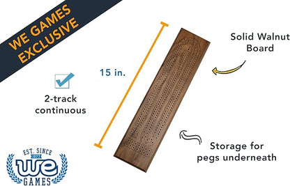 WE Games Deluxe Cribbage Set - Solid Walnut Wood Continuous 2 Track Board with Easy Grip Pegs Cards &amp Storage Bag