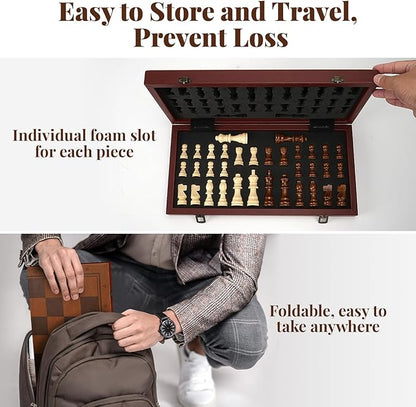 Strong Magnetic Chess Set for Adults &amp Kids 15.4 Leather Chess Board &amp Handcrafted Wooden Chess Pieces with Storage Slots Portable Travel Chess Game for Beginner and Professional