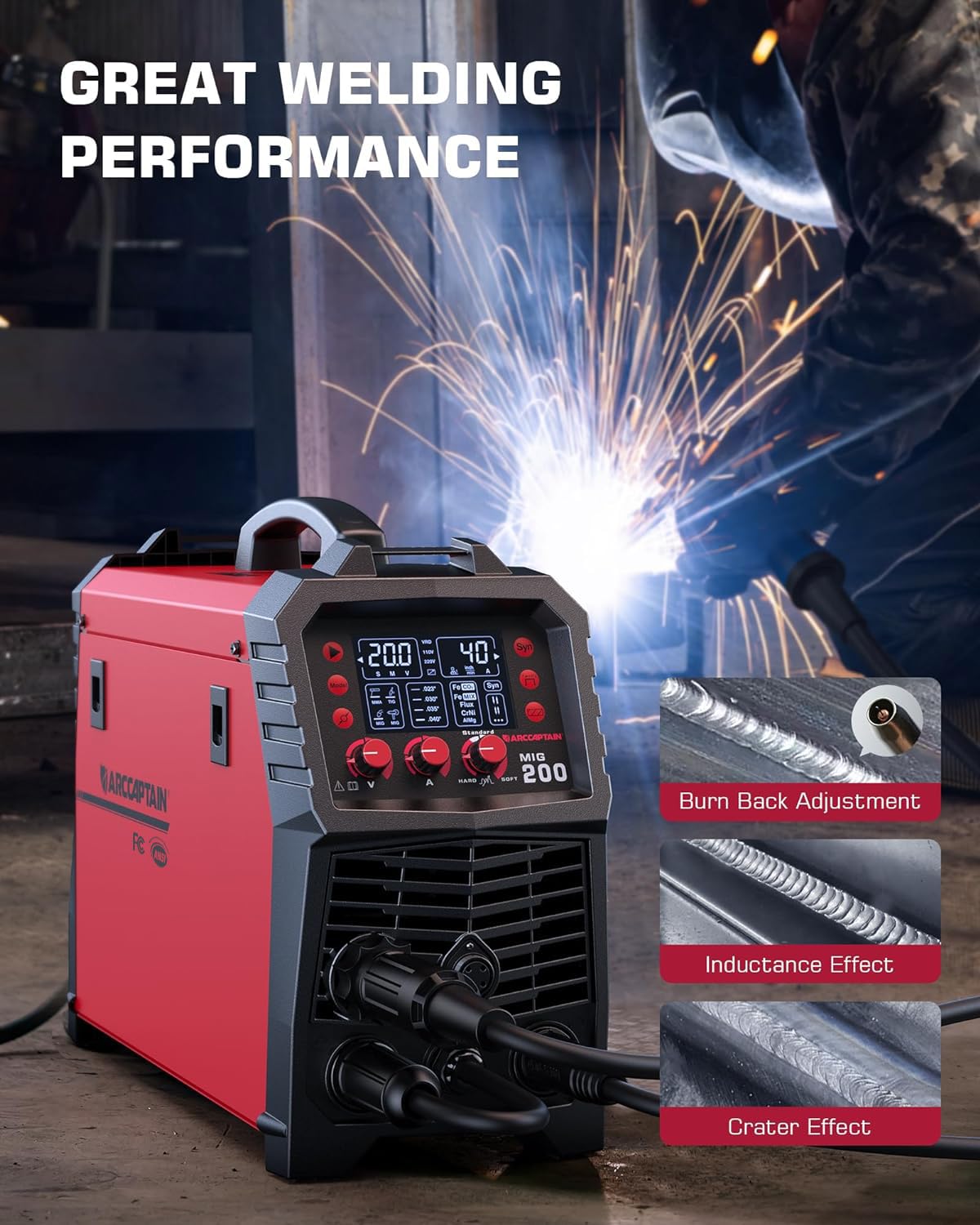 ARCCAPTAIN MIG Welder, 200Amp 6 in 1 Gas MIG/Gasless Flux Core MIG/Stick/Lift TIG/Spot welding/Spool Gun 110V/220V Aluminum Multi Process Welding Machine with LED Digital Display, Burn Back Adjustment