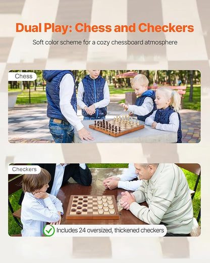 VEVOR 15-inch Magnetic Wooden Chess Set 2-in-1 Folding Chess and Checkers Game for Adults and Kids Portable Travel Chess Set with 2 Queens Ideal for Tournaments Professionals and Beginners
