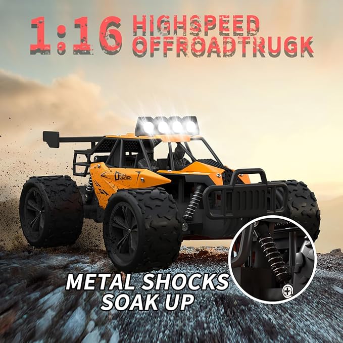Remote Control Car Monster Truck Toys 1:16 Scale RC Car For Boys 2.4GHz High Speed 20 km/h With LED HeadlightsRechargeable RC Cars Gifts for Boys 4-7 8-12 Christmas Beginner Kids 6-12+(Orange)