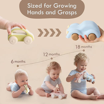 Moonkie Food Grade Silicone Toy Cars for Babies &amp Toddlers Push and Go Baby Car Toys 6–12 Months Hollow Design Infant Toys Baby Teething Toys 4–6 Months Birthday Gifts for Boys &amp Girls 3