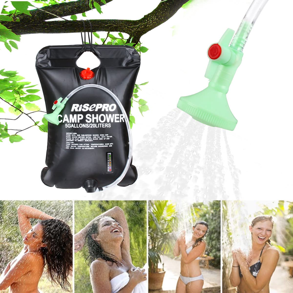 RISEPRO Solar Shower Bag, 5 gallons/20L Solar Heating Camping Shower Bag Temperature Indicator Hot Water 45°C Hiking Climbing C1004