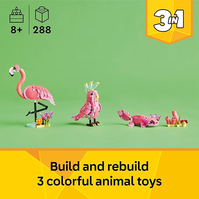 LEGO Creator 3 in 1 Wild Animals: Pink Flamingo Animal Building Toy - Playset with 3 Build Options Pink Flamingo Cockatoo or Axolotl - Learning Toy for Kids Ages 8+ - 31170
