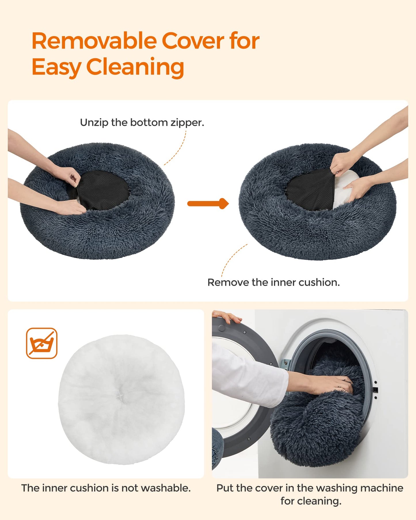 Feandrea Fluffy Dog Bed, Cat Bed, Doughnut Cushion, Washable, Removable Padding in The Centre, Long Plush, 60 cm Diameter, Dark Grey PGW038G02