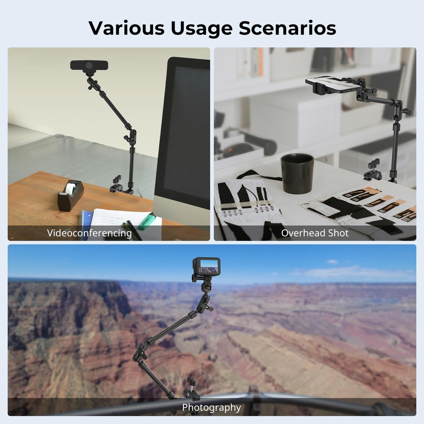 SMALLRIG 22" Magic Arm w Clamp, Overhead Phone Mount, Flexible Desk Camera Mount, Articulating Friction Boom Arm w Thread Adapter, for POV Shot, Light, Webcam, Mic, Action Camera, for Content Creators