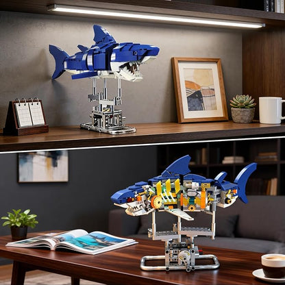 Mechanical Shark Building Set with LED Light 687 PCS Movable Ocean Animal with Display Stand Sea Fish Building Block Toy Home Decor Gift for Adults Teens Kids Boys Ages 12+