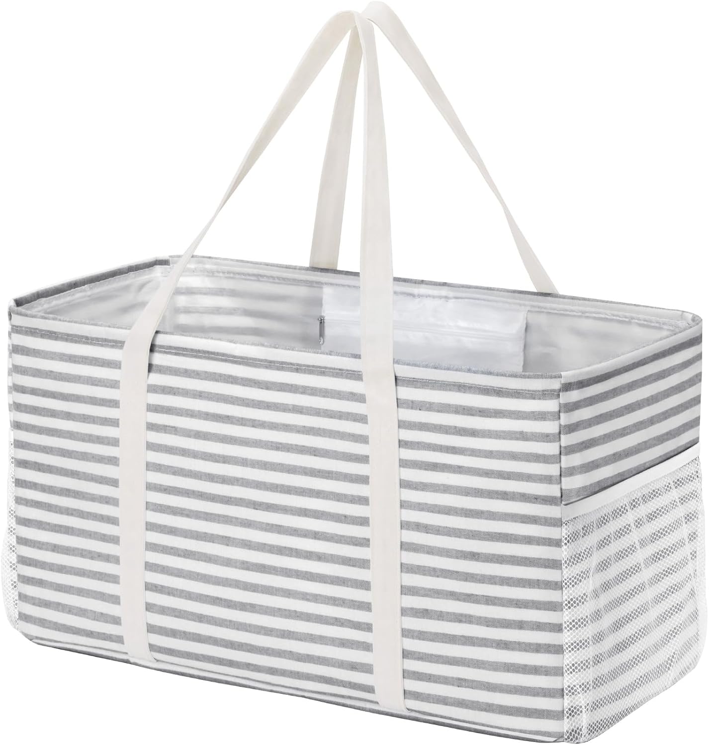Lifewit Extra Large Tote Bag, Reusable Grocery Bags with Metal Wire Frame and Handles, Standing Utility Foldable Shopping Bags for Storage, Picnics, Beach, Pool, Laundry, Car, Camping, 1 Pack, Grey
