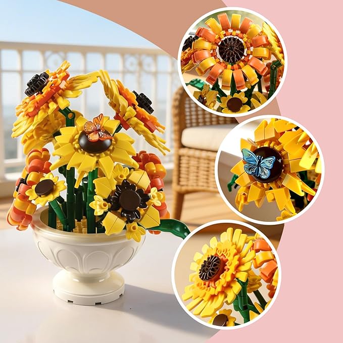 SameTech Sunflower Building Blocks Set with Vase Botanical Collection Artificial Flowers Table Centerpiece for Adults Home Office Decor/Valentine/Mother's Day/Thanksgiving/Easter/Birthday Gifts