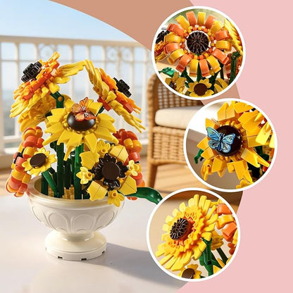 SameTech Sunflower Building Blocks Set with Vase Botanical Collection Artificial Flowers Table Centerpiece for Adults Home Office Decor/Valentine/Mother's Day/Thanksgiving/Easter/Birthday Gifts