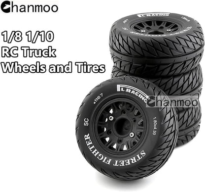1/10 RC Short Course Truck Tires And Wheels With 12mm 14mm 17mm Hex 113mm 1/8 Rubber Tyres For 1/8 or 1/10 Scale On Road Car HSP Sonic 94102 GT PTG-2 Tamiya TT02 RC Racing Car 4PCS (Black B)