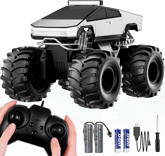 Remote Control Car 1:18 Amphibious RC Cars 4WD All Terrain Off-Road Pickup 2.4GHz Waterproof Cyber Truck 360° Rotatable Monster Truck Toys for Boys Christmas Birthday Gifts Age 6 7 8 9 10-13+