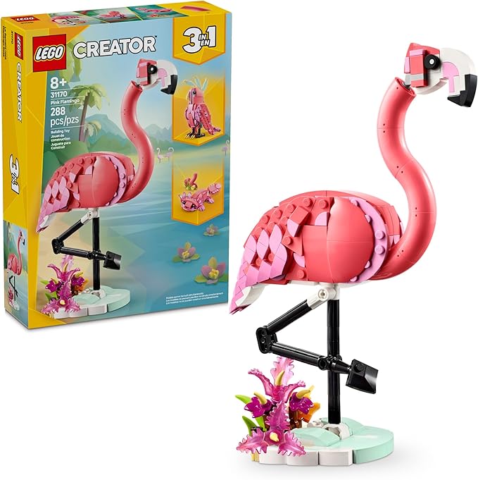 LEGO Creator 3 in 1 Wild Animals: Pink Flamingo Animal Building Toy - Playset with 3 Build Options Pink Flamingo Cockatoo or Axolotl - Learning Toy for Kids Ages 8+ - 31170
