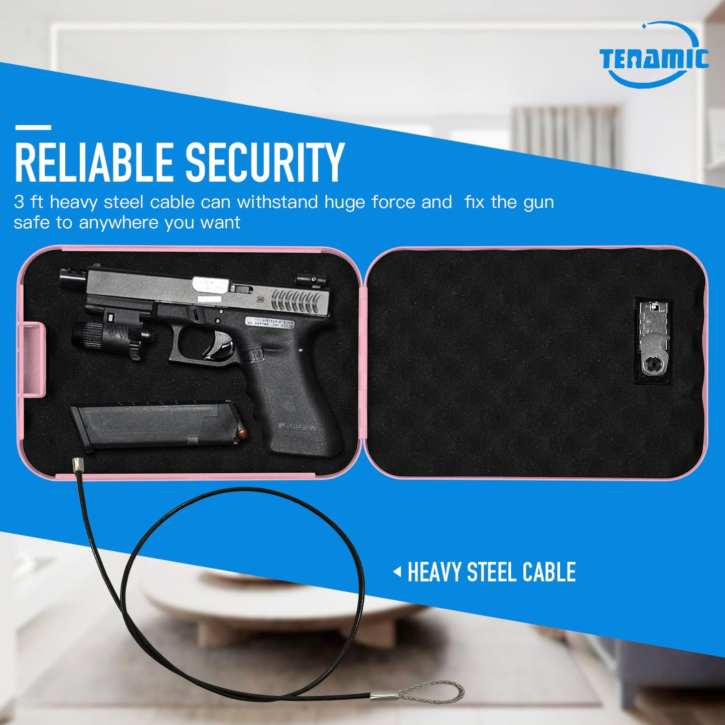 TENAMIC Pistol Safe, Portable Travel Gun Safe, Solid Steel Handgun Lock Box for Home, Gun Safes for Car, Pink