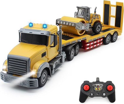 RC Semi Truck Remote Control Semi Truck and Trailer Toy 22.5 Inch 2.4Ghz Semi Truck Toy with Sound and Lights Road Roller Model 1/24 RC Construction Vehicles Toy for Adults &amp Kids Boys