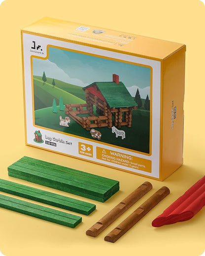 SainSmart Jr. 110 PCS Wooden Log Cabin Set Building House Toy for Toddlers Classic STEM Construction Kit with Colorful Wood Logs Blocks for 3+ Years Old