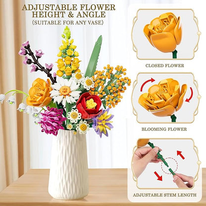 Flowers Bouquet Building Set 1070PCS Wildflower Botanical Collection Artificial Plant Flower Kit Toy for Adults Kids Women Her Home Decor Gift for Birthday Christmas Valentines(No Vase)