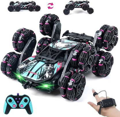 MagicKidz 8 Wheels Gesture Sensing Car for Kids Ages 5 6 7 8 9 10 11 12 - Birthday Gifts for Boys 5-7 8-12 Years Old 2.4GHz Off-Road Remote Control Stunt Toy with Spray &amp LED Lights 360-Degree F