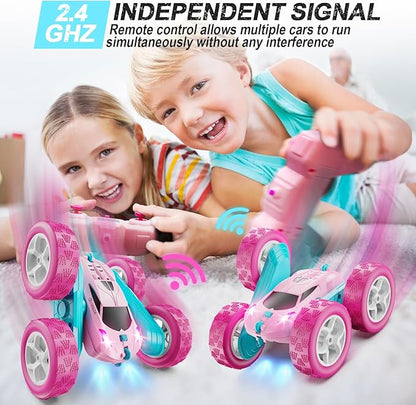 RC Cars Pink Remote Control Car for Girls 2.4 GHZ Double Sided RC Stunt Car 360° Rotating Remote Control Crawler with Headlights Car Toys for 6 7 8 9 10 11 12 Girls Birthday Gift Grandkids